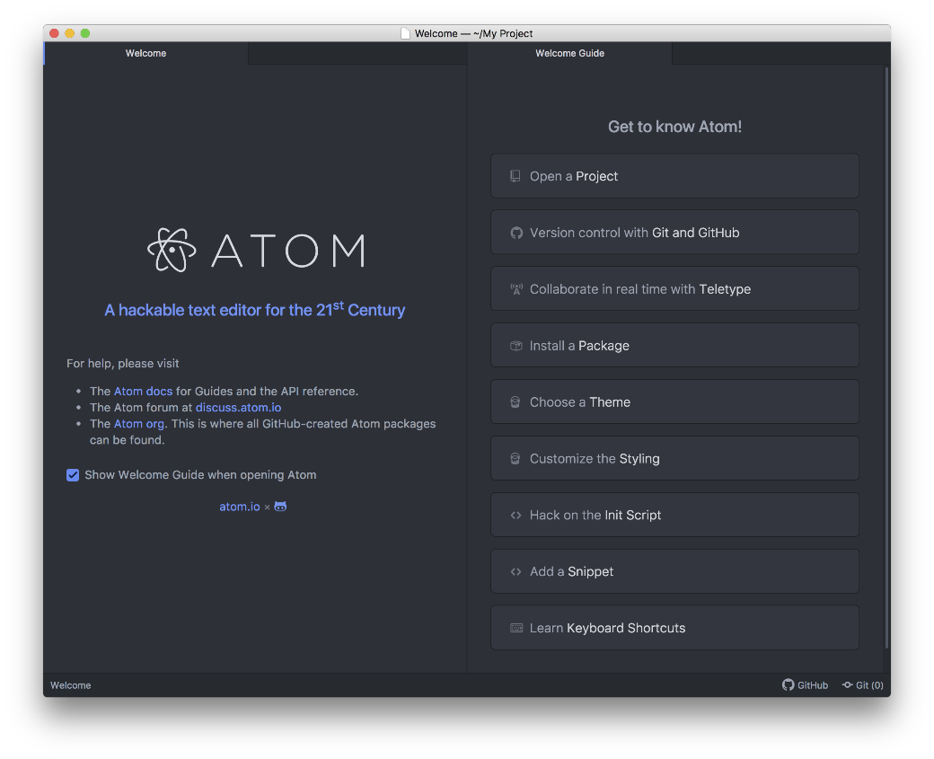 Atom's welcome screen